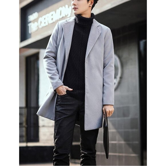 Men's  Light GRAY Wool Blend Pea Coat Notched Collar Breasted Winter Trench Coat - Picture 3 of 5